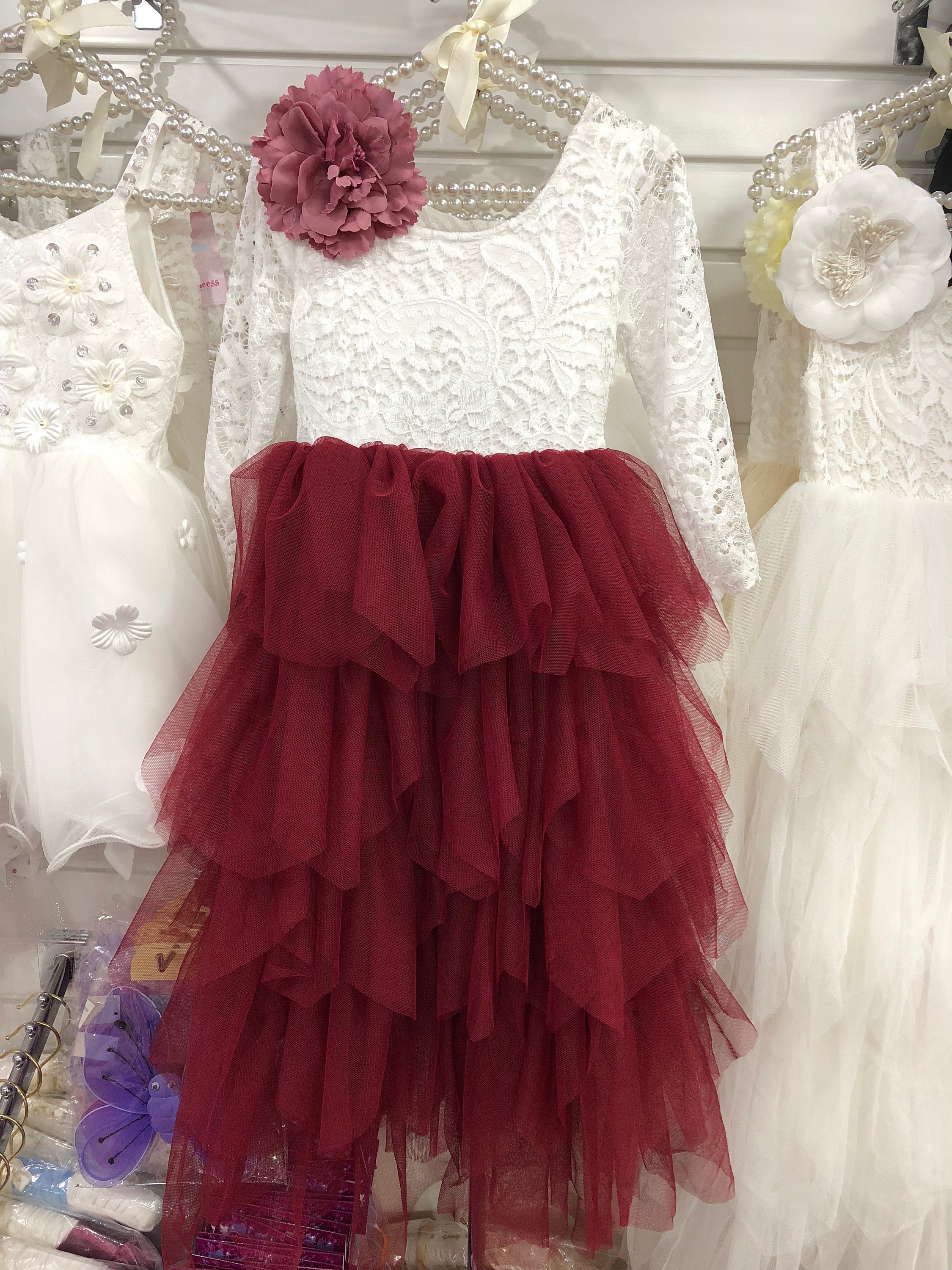 Burgundy Flower Girl Dress Bridesmaid Bridal Girls Dress - Etsy UK