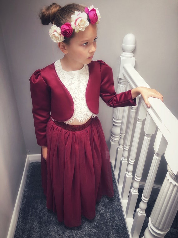 Beautiful Bohemian Flower Girl Lace Crop Top and Long Layered Princess  Tulle Skirt and Bolero Burgundy Red -  Canada