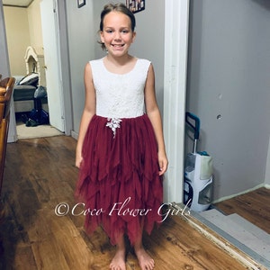 Pretty Boho Rustic Flower Girl Dress Very Pretty Bohemian Vintage Style Ruffles with Applique - Burgundy Wine Red