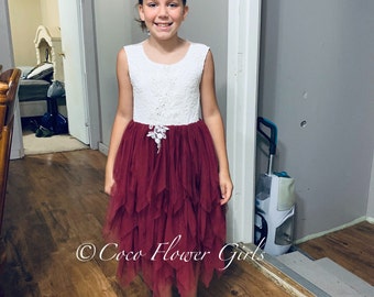 Boho Flower Girl Dress – Burgundy Tulle, Vintage Ruffles