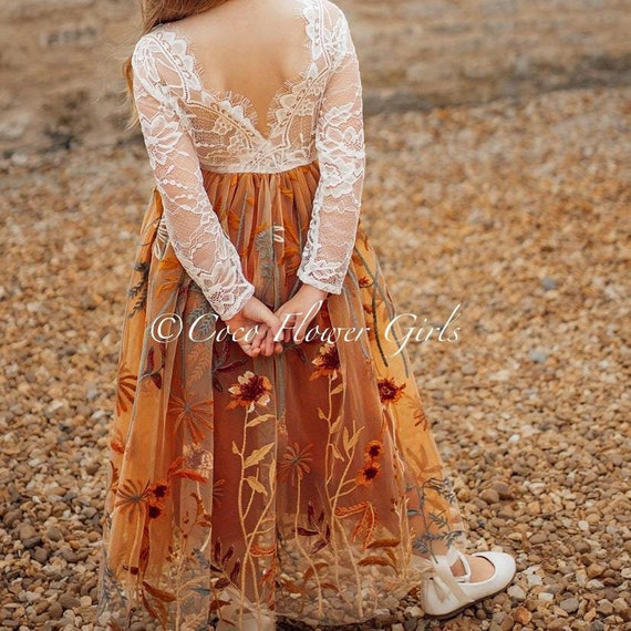 Rustic Burnt Orange Embroidered Flower Girl Dress With Chantilly Lace for  Fall Weddings - Etsy