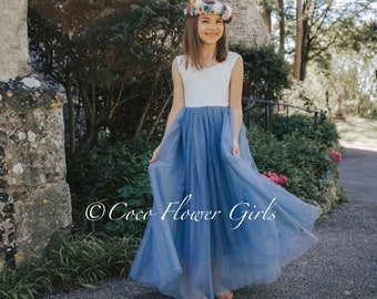 Sleeveless Long Length Classic Flower Girl Bohemian Dress - Smoky Dusty Blue Bridal