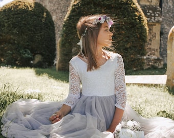 Schöne rustikale Boho drei Viertel Ärmel Classic Boho Style lange Länge Spitze Blumenmädchen Brautjungfer Kleid - Silber Grau