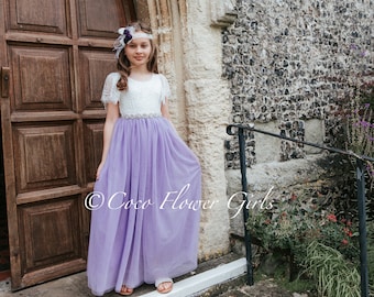 Very Pretty Long Lilac Layered Tulle Lace Flutter Sleeve Flower Girl Dress - Purple - Bohemian Hippy Beach Rustic Wedding Style