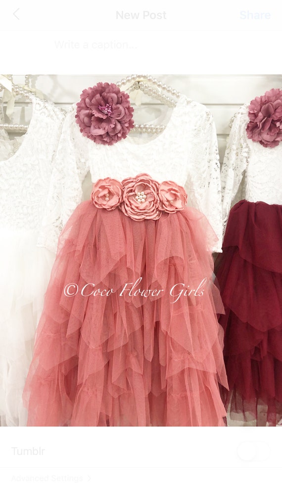 SALE Girls Long Pretty Bohemian Dress Wedding Flower Girl Dress Dusty Pink Rose Pink Tea Pink Boho Dress Optional Sash