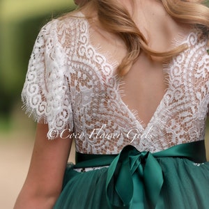Ethereal Emerald Green Bohemian Flower Girl Dress with Ruffled Flutter Sleeves for Rustic Weddings, optional sash