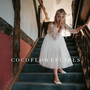 Long Sleeve Tea Dress Mid/Knee Length White Bohemian Flower Girl Boho Rustic Dress - Optional Colour Sash