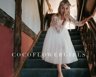 Long Sleeve Tea Dress Mid/Knee Length White Bohemian Flower Girl Boho Rustic Dress - Optional Colour Sash