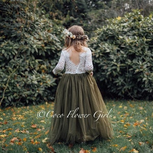 Classic Bohemian Style Long Length Lace Sleeve Flower Girl Toddler Junior Bridesmaid Dress Olive Green Rustic Boho Wonderland Wedding image 3