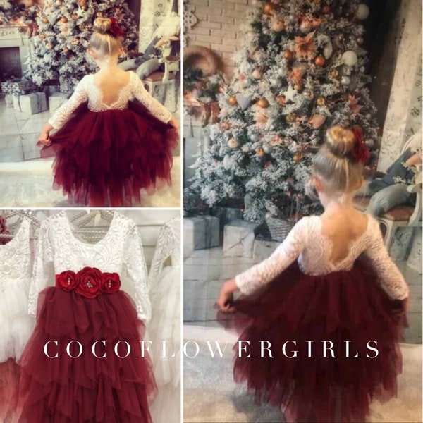 Long Ruffles Bohemian Flower Girl Dress Boho Dress Rustic Winter Wedding - Wine Red Burgundy