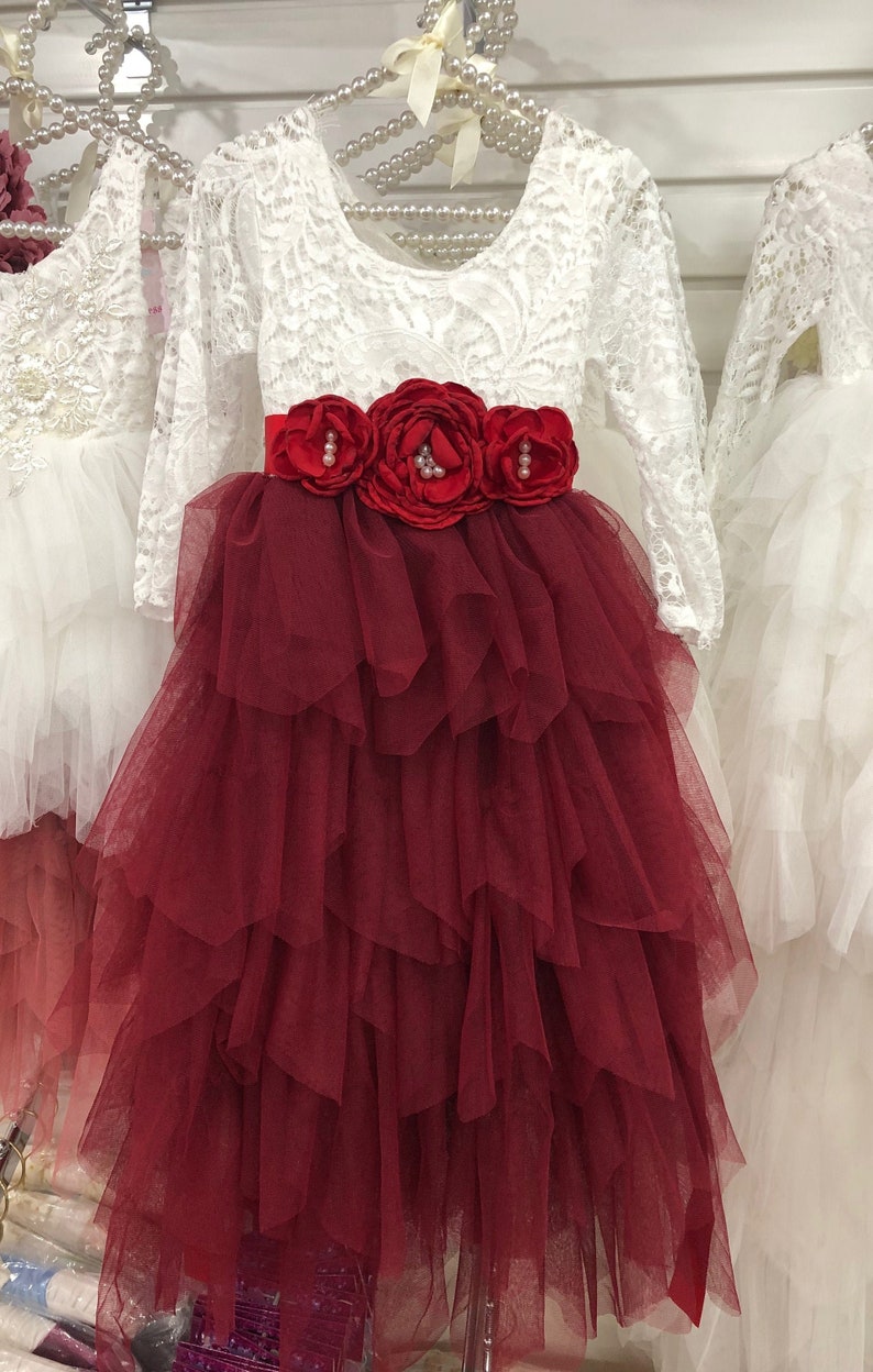 Long Ruffles Bohemian Flower Girl Dress with Flower Corsage Belt Wine Red