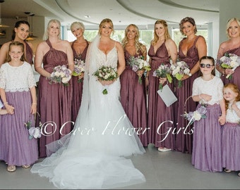 Beautiful Flower Girl Boho Dress Set Lace Crop Top and Long Layered Princess Tulle Skirt - Heather Mauve Purple