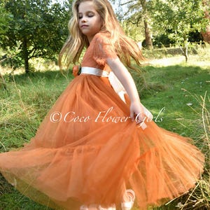 Flutter Sleeve Classic Bohemian Style Long Length Lace Flower Girl Bridesmaid Dress - Burnt Orange Ruffles Rustic Autumnal Boho Wedding