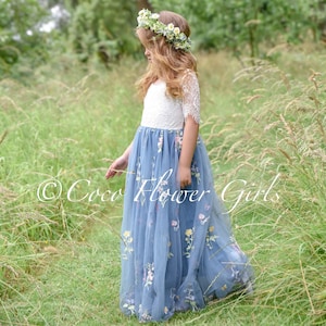 Dusty Blue Bohemian Embroidered Tulle Dress for Junior Bridesmaid or ...