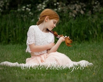 Beautiful Lace Crop Top and Long Layered Princess Tulle Skirt 2 Piece Bridesmaid Flower Girl Boho Dress Set - Blush