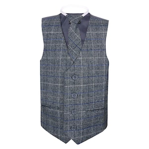 Boys Quality Grey Blue Check Tweed Look Waistcoat Tie Set - Page Boys Ring Bearer Mini Best Man