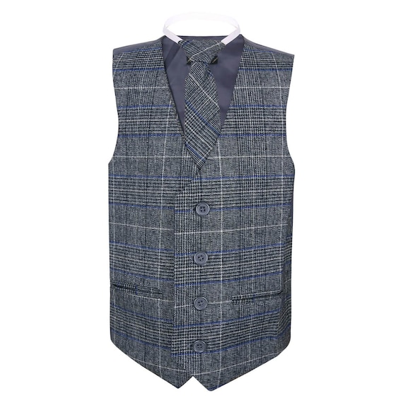 Boys Parliament Blue Suit & Grey Check Tweed hot Waistcoat Set