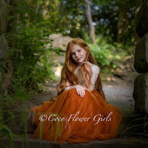 Burnt Orange Lace Flower Girl Dress, Autumn Rustic Bridesmaid Boho Wedding Gown