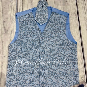 Boys Quality Sky Blue Silver Swirls Waistcoat Cravat Handkerchief Set - Page Boys Ring Bearer Mini Best Man
