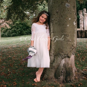 Long Sleeve Mid/Knee Length Ivory Lace Bohemian Flower Girl Dress - Optional Colour Sash