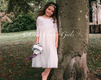 Long Sleeve Mid/Knee Length Ivory Lace Bohemian Flower Girl Dress - Optional Colour Sash