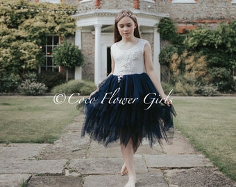 Beautiful Rustic Beach Wedding Flower Girl Dress Very Pretty Vintage Bohemian Style Ruffles with Applique - Navy Blue