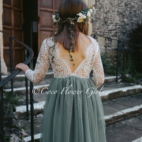 Three Quarter Sleeve Classic Bohemian Style Long Length Lace Flower Girl  Bridesmaid Dress Sage Green Rustic Boho Wonderland Wedding -  Ireland