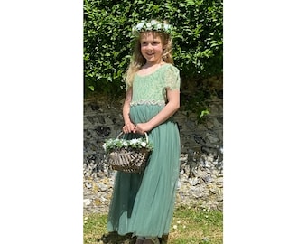 Fern Green Beautiful Long Length Sage Green Full Colour Lace Flutter Sleeves Bohemian Hippy Beach Rustic Style Flower Girl Dress Boho