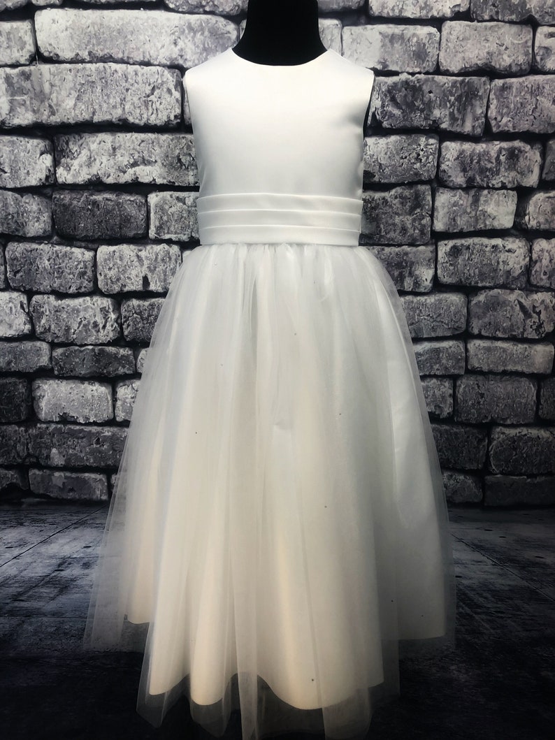 Long Classic Sash Flower Girl Dress Ice White