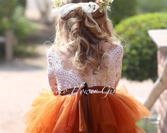 Robe demoiselle d'honneur pour mariage rustique bohème et manches longues à volants - Orange brûlé - Plus de 3 ans avec ceinture scintillante en strass en option