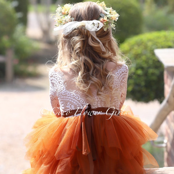 Long Ruffles Long Sleeve Bohemian Rustic Wedding Flower Girl Dress - Burnt Orange - Over 3yrs with Optional Diamante Sparkle Sash