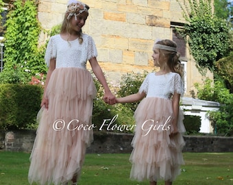 Boho robe abricot Champagne fleur fille robe enfant en bas âge robe bébé robe mariée mariage - longue longueur volants et manche flottante