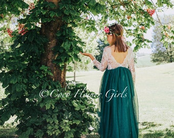 Beautiful Rustic Wedding Bohemian Style Long Length Tulle and Lace 3/4 Sleeve Hunter Green Emerald Green Classic Boho Flower Girl Dress