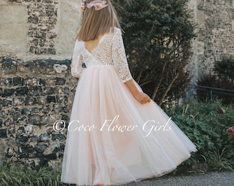 Three Quarter Lace Sleeve Long Length Blush Tulle Flower Girl Bridesmaid Boho Dress - Optional Sash - Bohemian Rustic Style Wedding