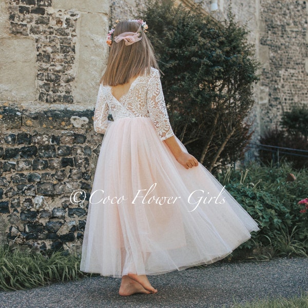 Three Quarter Lace Sleeve Long Length Blush Tulle Flower Girl Bridesmaid Boho Dress - Optional Sash - Bohemian Rustic Style Wedding