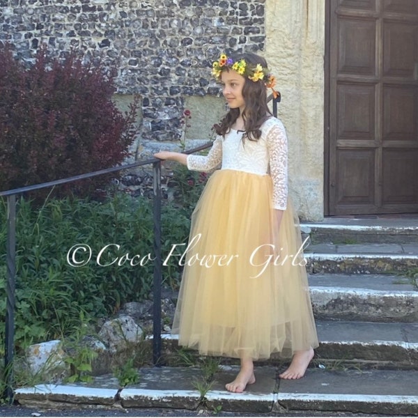 Three Quarter Sleeve Classic Bohemian Style Long Length Tulle Lace Flower Girl Bridesmaid Dress - Daffodil Sunshine Golden Yellow