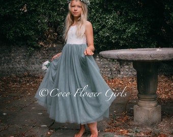 Sleeveless Classic Bohemian Style Long Length Lace Flower Girl Bridesmaid Dress - Sage Green