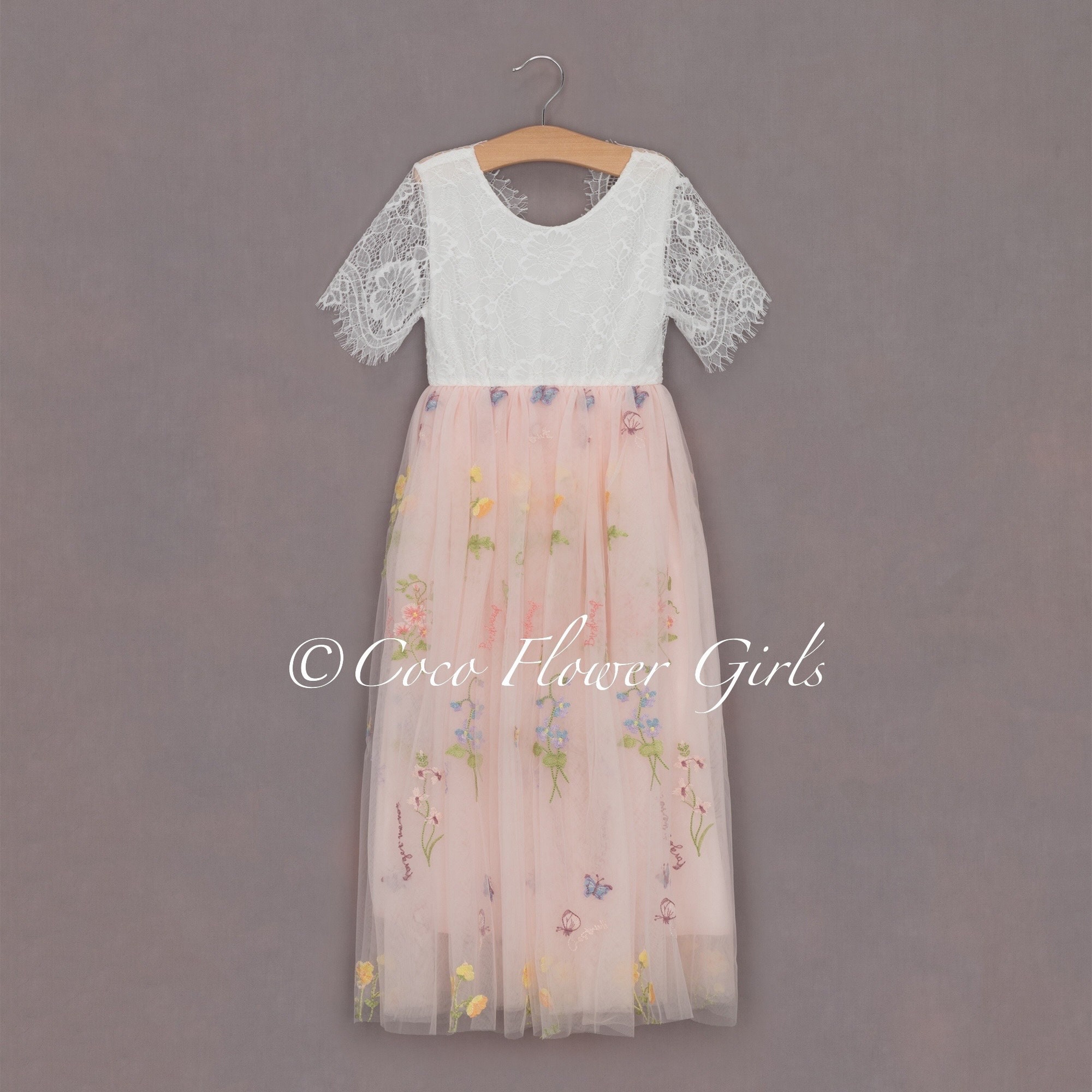 chinese dress ladies Light-Pink Boho Vintage Sheer Lace Round Neck Flare Long Sleeve Midi Dress  /3-1-2 main image 1
