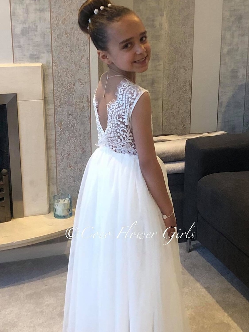 Sleeveless Classic Bohemian Style Long Length Lace Flower Girl Bridesmaid Dress White image 1