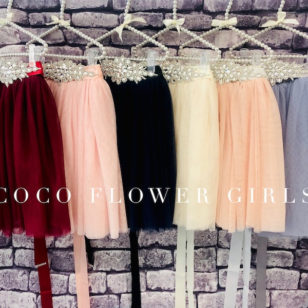 Pretty Long Length Boho Style Layered 'Felicity' Tulle Flower Girl Skirts - Various Colours with Glamorous Diamante Sash