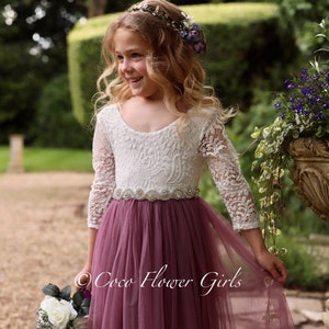 Robe de Demoiselle d&#39;Honneur Fille de Fleur en Dentelle à Manches Trois-Quarts Style Boho Classique - Mauve Bruyère