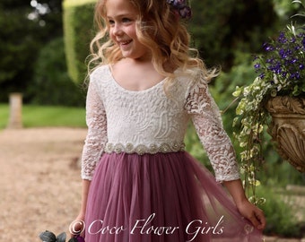 Three Quarter Sleeve Classic Bohemian Style Long Length Lace Flower Girl Bridesmaid Dress - Heather Mauve
