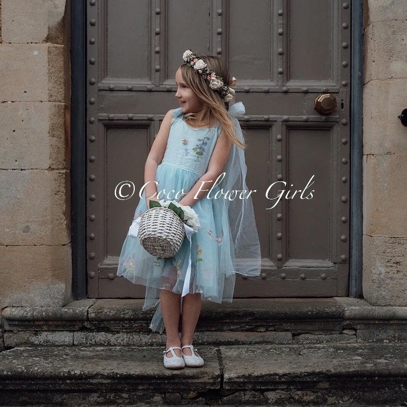 Girls Baby Blue Bridal Occasion Flower Girl Floppy Tulle Bow Dress, Rustic Boho Embroidery Daisy Wedding Princess Dress Flower Girls