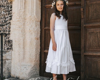 Classic Bridesmaid Flower Girl Communion Dress White Ruffles and Rosettes Bridal Dress