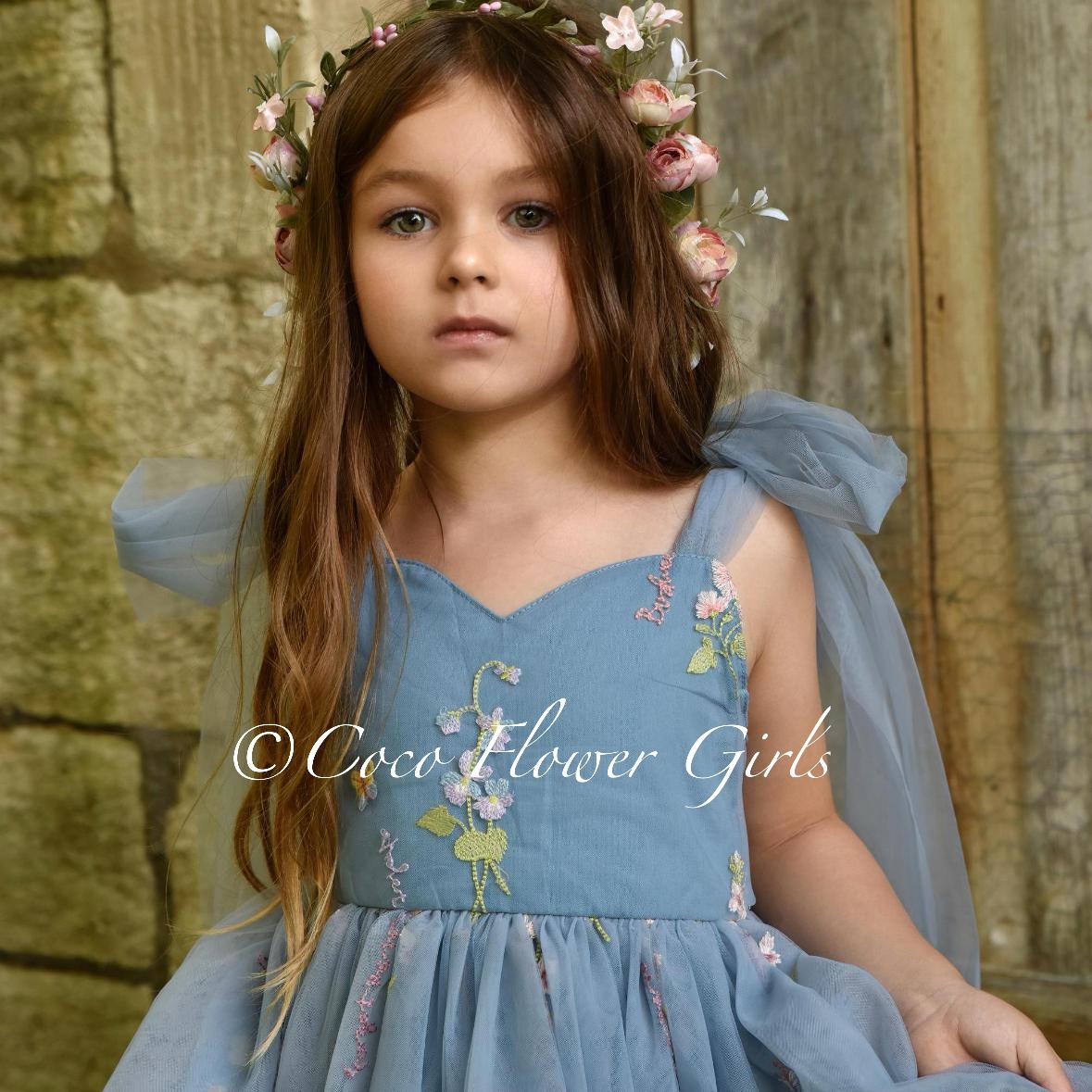 Dusty Blue Fairy-Tale Princess Dress for Baby Girls - Rustic Boho Embroidered Daisy Bridal Occasion Wear