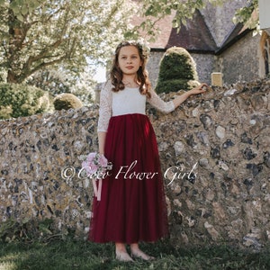 Three Quarter Sleeve Classic Bohemian Style Long Length Tulle and Lace Flower Girl Bridesmaid Dress - Burgundy Red Wine Rustic Boho Wedding