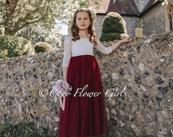 Three Quarter Sleeve Classic Bohemian Style Long Length Tulle and Lace Flower Girl Bridesmaid Dress - Burgundy Red Wine Rustic Boho Wedding