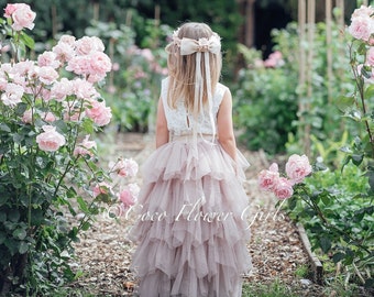 Beautiful Lace White Crop Top Latte Mocha Long Layered Ruffles 'Ophelia' Tulle Skirt Set Flower Girl Dress Boho Rustic Bridal Beach Wedding