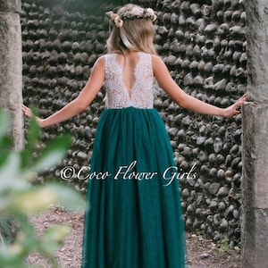 Sleeveless Bohemian Style Long Length Hunter Green Classic Boho Rustic Bridesmaid Flower Girl Dress - Optional 3 Flower Sash