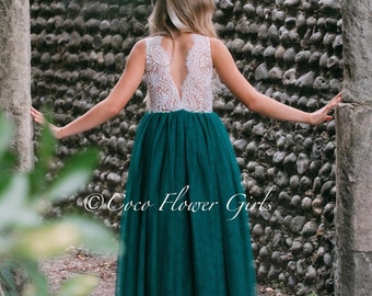 Sleeveless Bohemian Style Long Length Hunter Green Classic Boho Rustic Bridesmaid Flower Girl Dress - Optional 3 Flower Sash